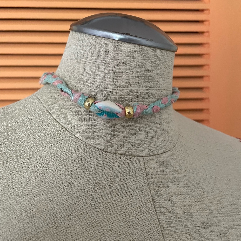 Pastel Braided Necklace with Shell and Gold Beads